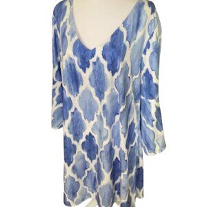 Noracora Mini Dress Artsy Blue & White Swing w/ 3/4 Bell Sleeves, V-Neck, XL